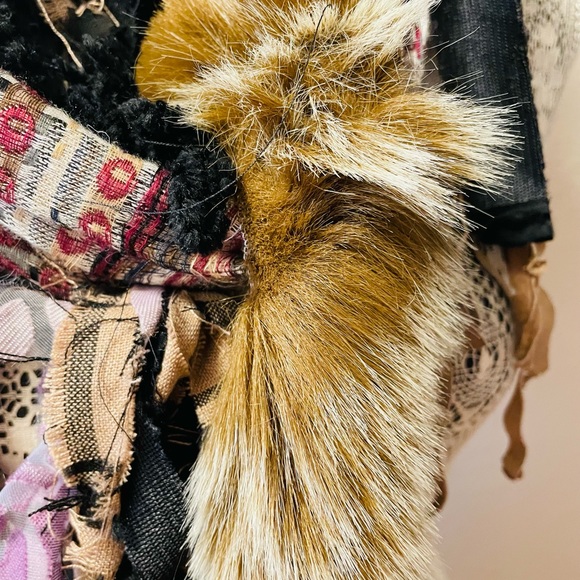 Handmade Leather Fringe Faux Fur Upcycled Statement Upcycled Scarf 76” Unique - Picture 2 of 10